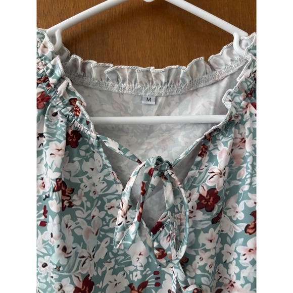 Unbranded Floral Tiered Sleeveless Top Green Burgundy Ruffle Neck Size M - Picture 2 of 7